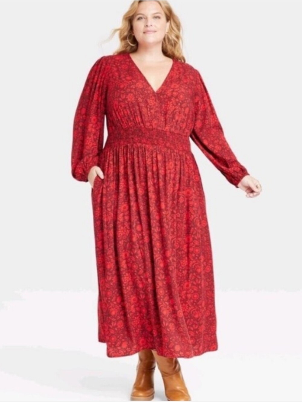 KNOX ROSE Boho Red Floral Maxi Dress Sz 3X